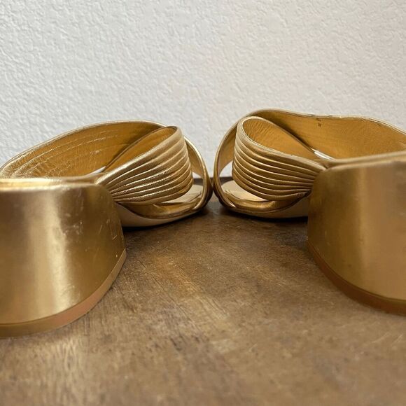 Marion Parke Soft Gold Leather Izzy Criss-Cross Block Heel Sandals Women's 37 US - Picture 8 of 13